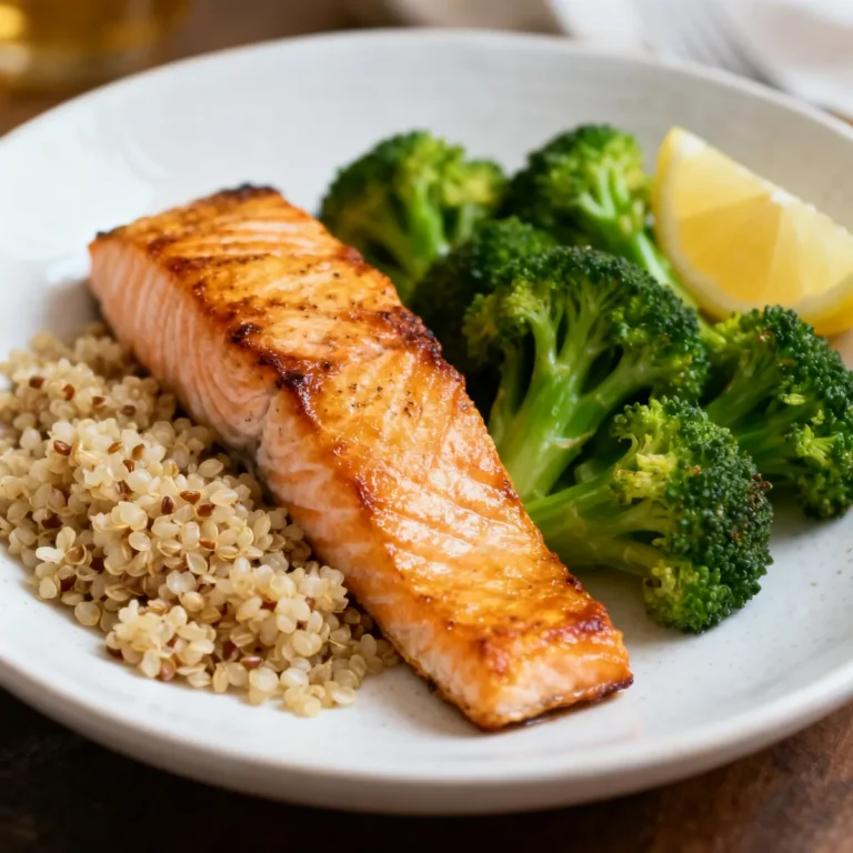 Assiette protéinée équilibrée saumon, quinoa et brocoli