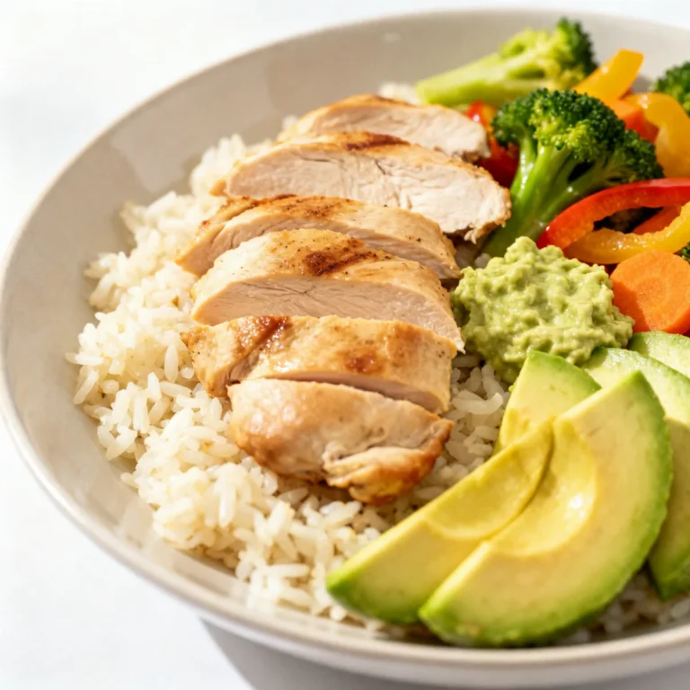 Assiette prise de masse poulet, riz et avocat (chiffrée)