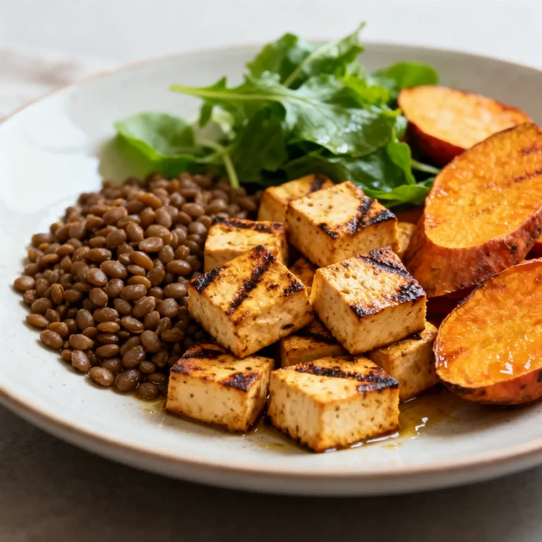 Assiette végétarienne tofu, lentilles et patate douce (équilibrée)