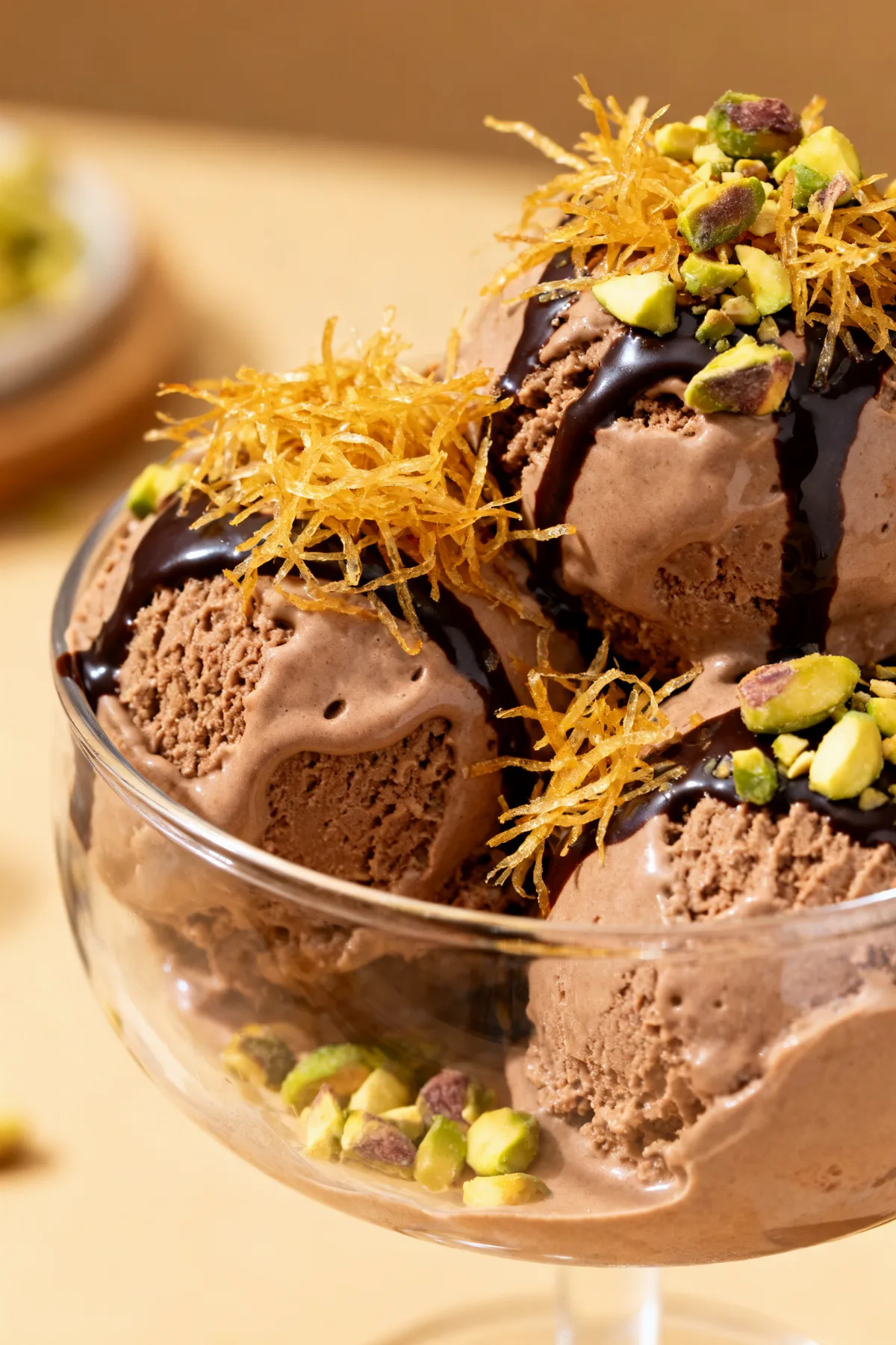 Glace protéinée façon Dubai chocolate au skyr, croustillant pistache-kadaïf et chocolat noir
